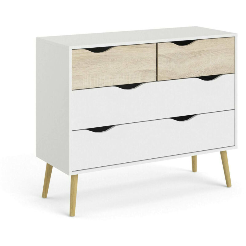 foto del prodotto cassettiera a quattro cassetti, colore bianco e rovere, misure 98 x 81 x 39 cm, con imballo rinforzato dmora