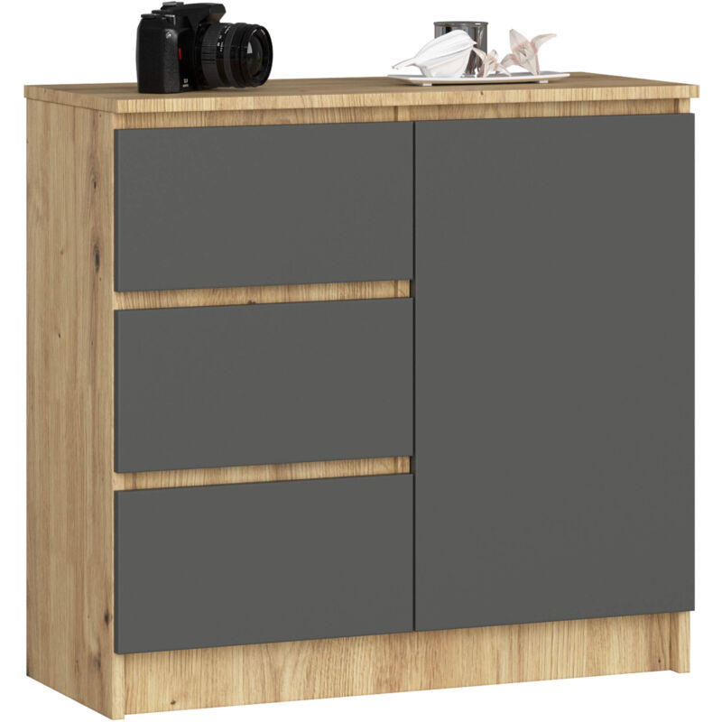 foto del prodotto cassettiera akord jerry cassettiera quercia artisan 80 cm 1 anta 3 cassetti inserto frontale grigio grafite 80x35x77 cm