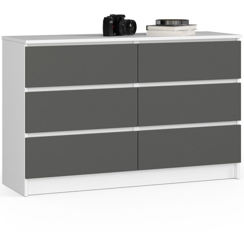 foto del prodotto cassettiera akord k120 bianca 120 cm 6 cassetti inserto frontale grigio grafite 120x40x77 cm