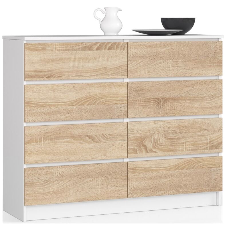 foto del prodotto cassettiera akord k120 bianca 120 cm 8 cassetti inserto frontale sonoma quercia 120x40x99 cm