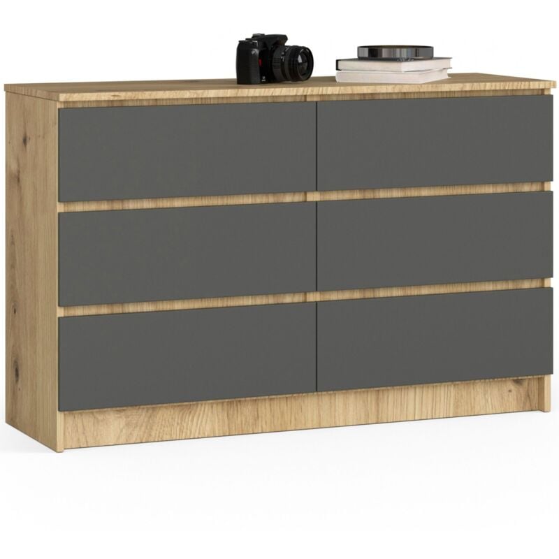 foto del prodotto cassettiera akord k120 quercia artisan 120 cm 6 cassetti inserto frontale grigio grafite 120x40x77 cm