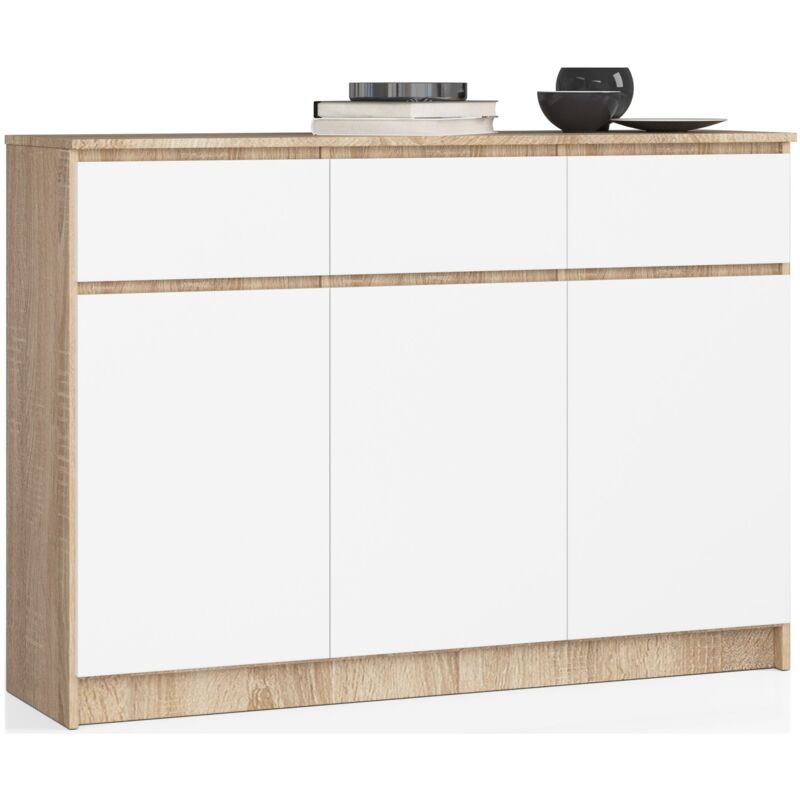 foto del prodotto cassettiera akord k140 sonoma quercia 138 cm 3 ante 3 cassetti inserto frontale bianco 138x40x99 cm