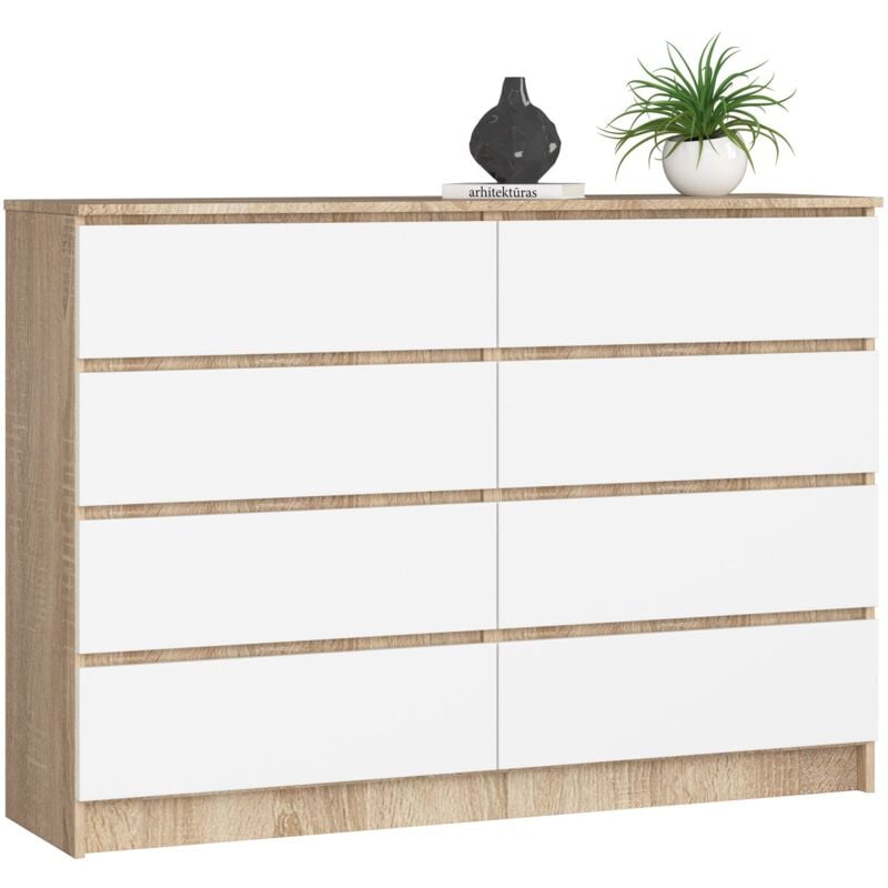 foto del prodotto cassettiera akord k140 sonoma quercia 138 cm 8 cassetti inserto frontale bianco 138x40x99 cm