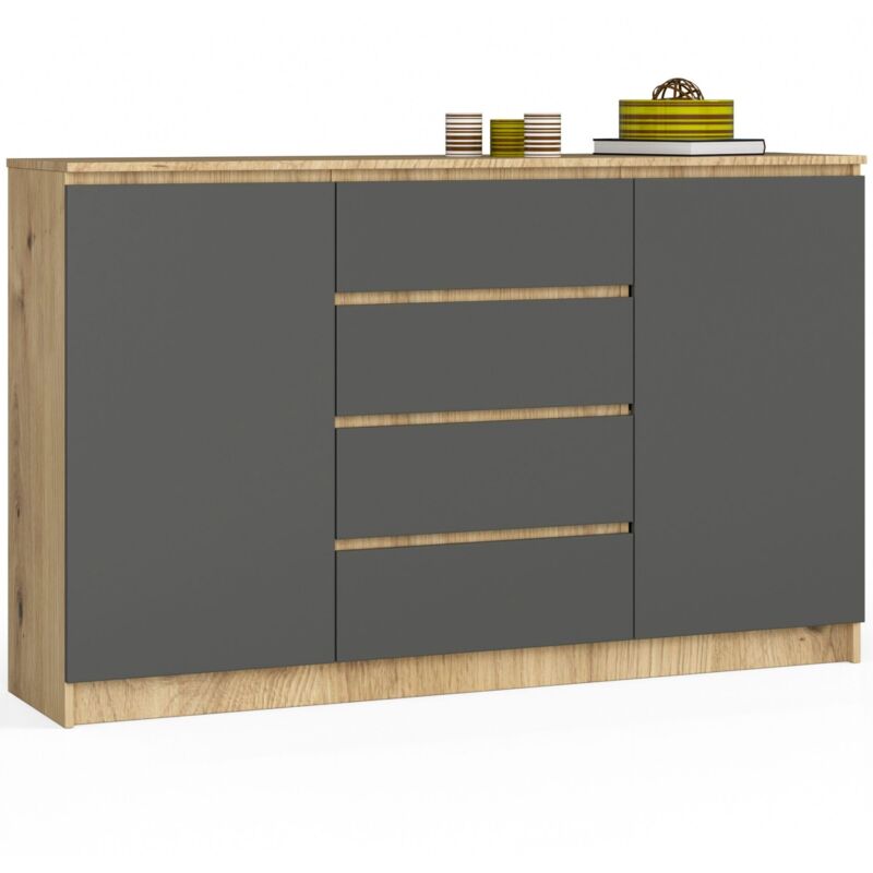 foto del prodotto cassettiera akord k160 quercia artisan 160 cm 2 ante 4 cassetti inserto frontale grigio grafite 160x40x99 cm