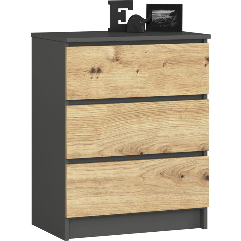 foto del prodotto cassettiera akord k60 cassettiera grigia grafite 60 cm 3 cassetti inserto frontale quercia artisan 60x40x77 cm