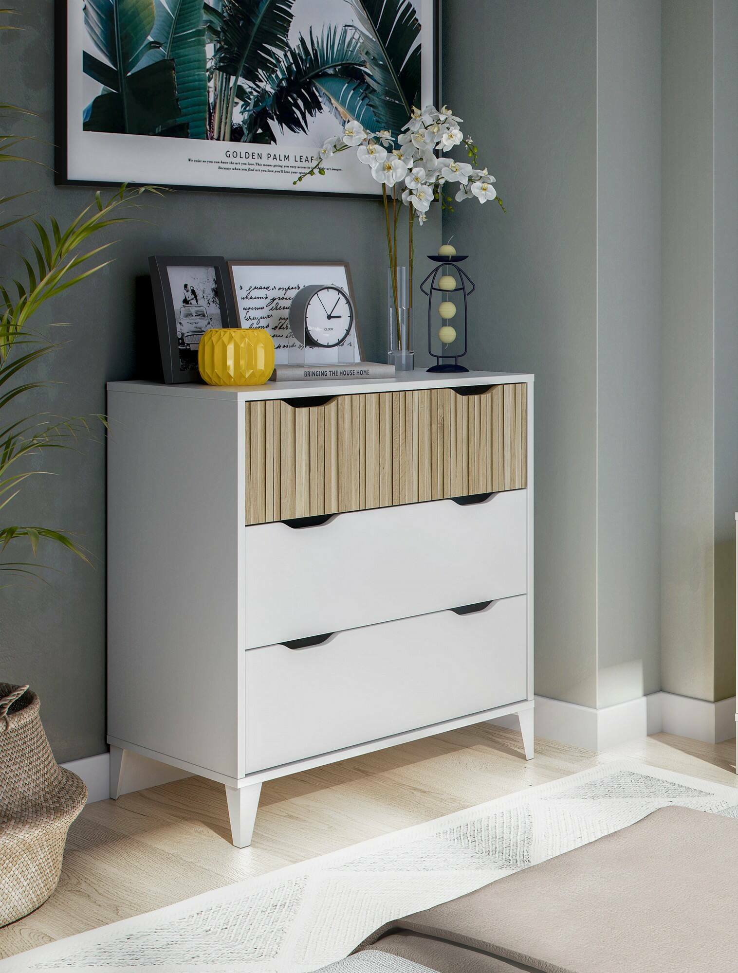 foto del prodotto cassettiera archi, settimino multiuso, com camera da letto, mobile con cassetti, 71x40 h76 cm, bianco e rovere
