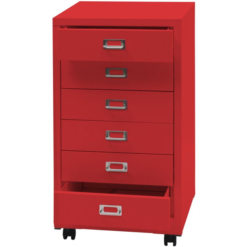 foto del prodotto cassettiera armadietto ufficio con ruote hhg 460 acciaio 6 cassetti 75x40x41cm rosso