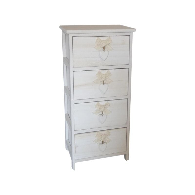 foto del prodotto cassettiera armonia ""white washed"" 4 cassetti cuore e fiocchi in legno di paulownia 26x32x63 cm