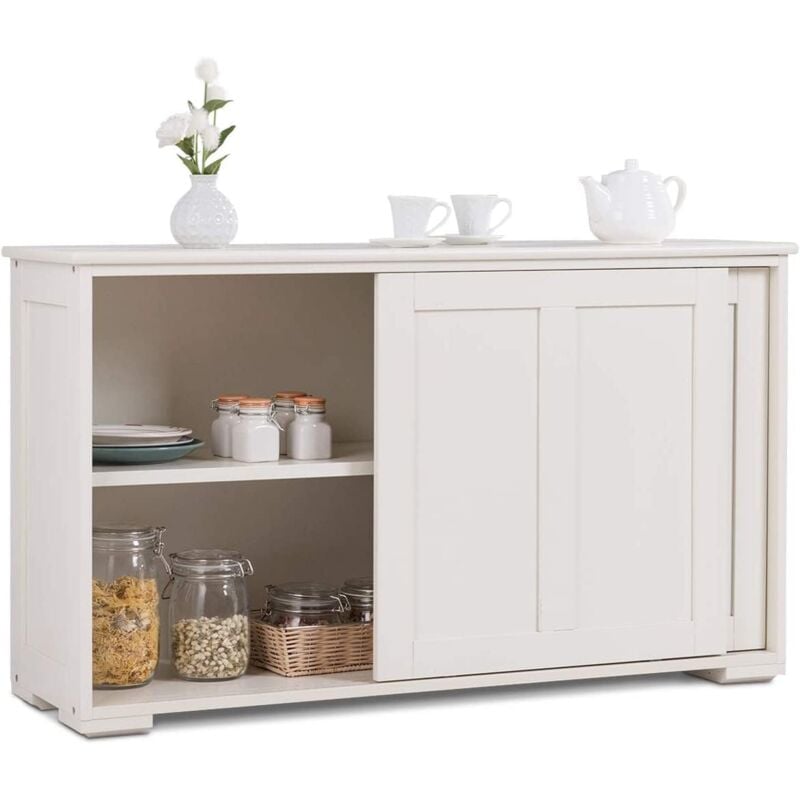 foto del prodotto cassettiera bassa con 2 ripiani, regolabile in altezza, armadietto da cucina con porta scorrevole, contenitore in mdf, 106,7 x 33 x 62,5 cm beige 