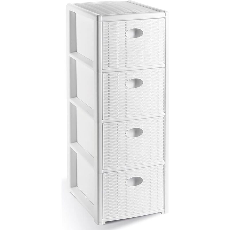 foto del prodotto cassettiera bianca 4 cassetti stretta slim in plastica di resina finto vimini per bagno camera ripostiglio porta tutto oggetti