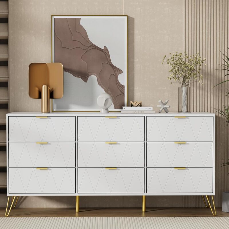 foto del prodotto cassettiera bianca 9 cassetti, 150 x 34 x 74 cm, como camera da letto in legno, mobile con cassetti, credenza moderna per tv, soggiorno, corridoio,
