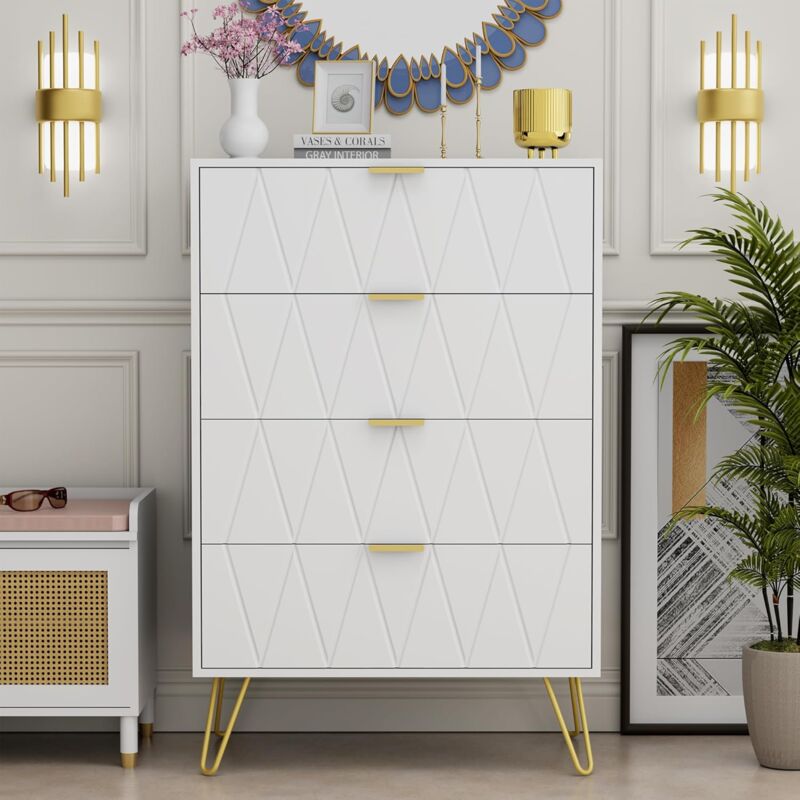 foto del prodotto cassettiera bianca con 4 cassetti, como camera da letto in legno, maniglie e gambe dorate, mobile per soggiorno, 34p x 60l x 91h cm, bianco uev