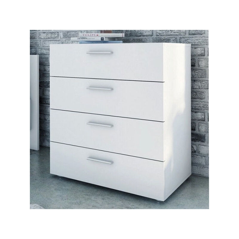foto del prodotto cassettiera bianca con 4 cassetti in legno nobilitato.