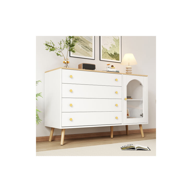 foto del prodotto cassettiera bianca con 4 cassetti larghi, 1 anta, piano in legno, maniglie dorate, truciolare, 40x120x77,5 cm, per sala da pranzo, cucina, soggiorno