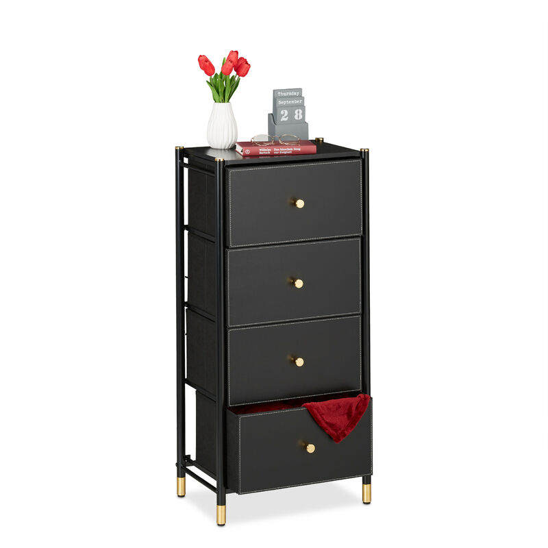 foto del prodotto cassettiera camera da letto, 98,5 x 46 x 30 cm, mobile con 4 cassetti, com in stoffa e acciaio, nero dorato relaxdays