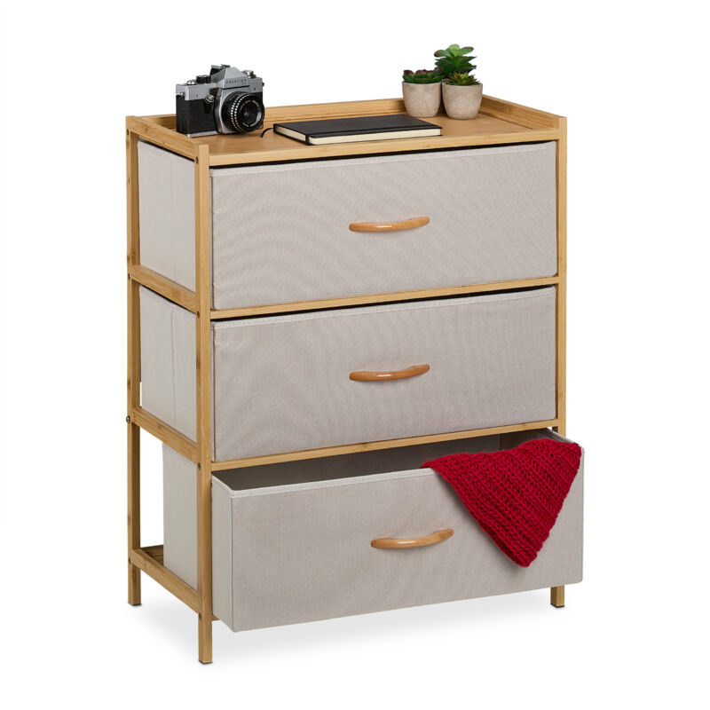 foto del prodotto cassettiera camera da letto, com 3 cassetti in tessuto, hlp 73x57,5x30 cm, struttura bamb naturale, beige relaxdays