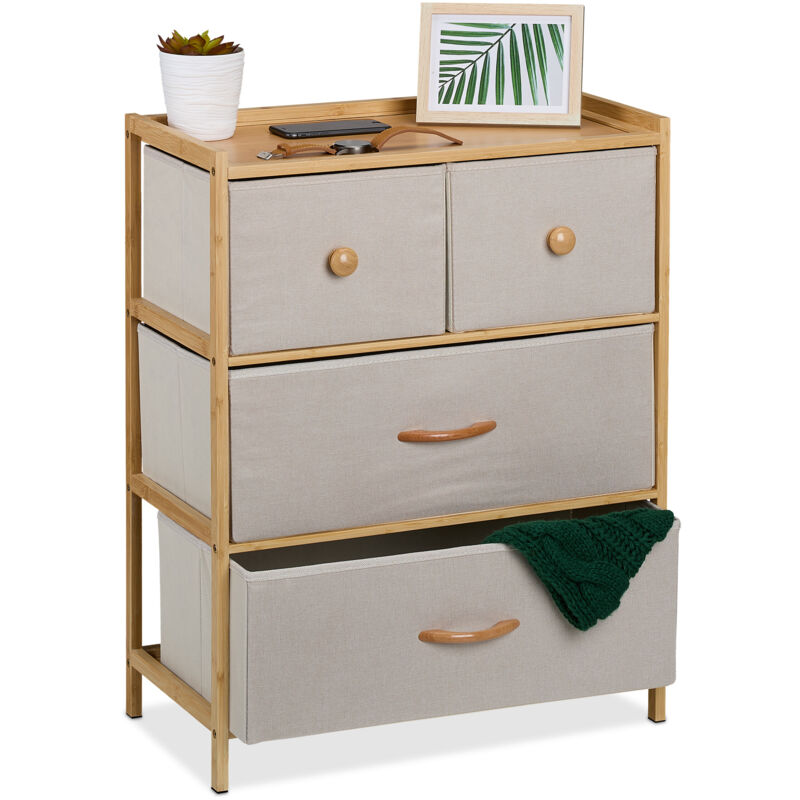 foto del prodotto cassettiera camera da letto, com 4 cassetti in tessuto, hlp 73x57,5x30 cm, struttura bamb , naturale beige relaxdays