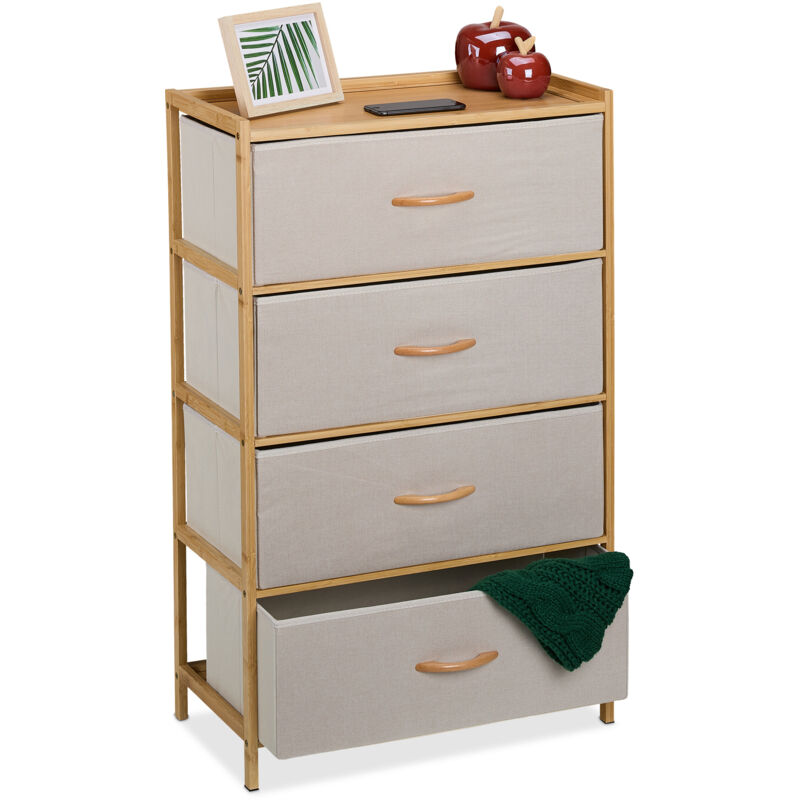 foto del prodotto cassettiera camera da letto, com 4 cassetti in tessuto, hlp 94x58x32,5 cm, struttura in bamb naturale beige relaxdays