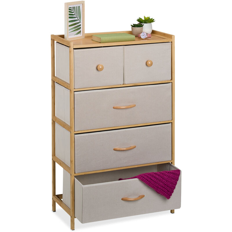 foto del prodotto cassettiera camera da letto, com 5 cassetti in tessuto, hlp 94x58x32,5 cm, struttura in bamb naturale beige relaxdays