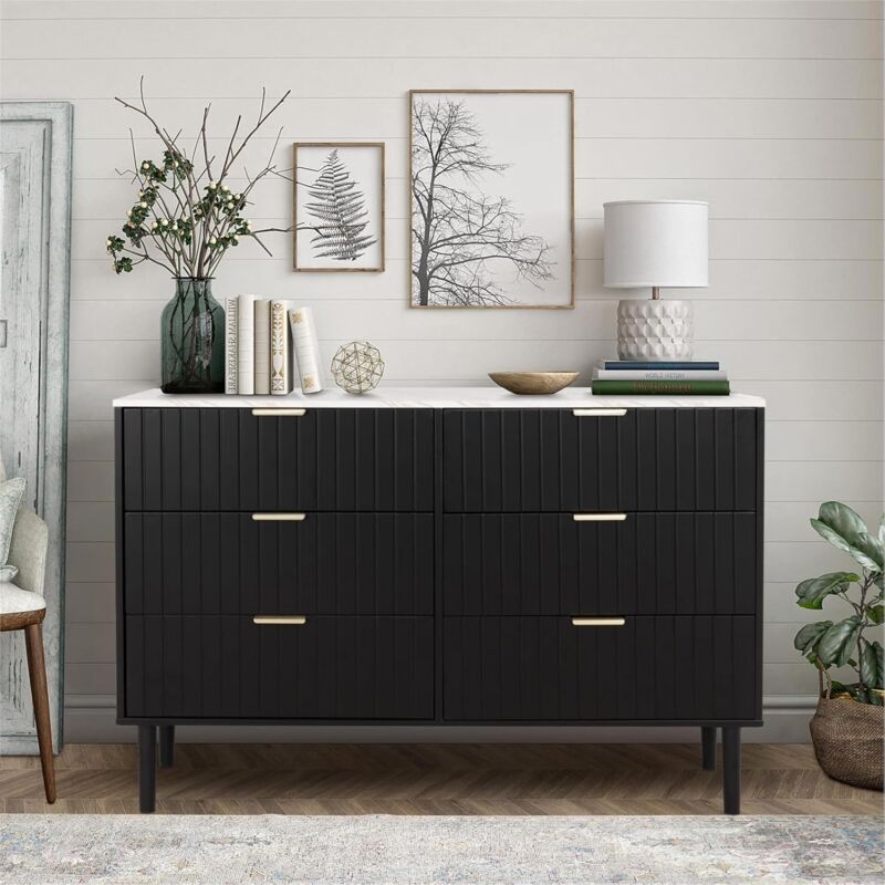 foto del prodotto cassettiera camera da letto, com 6 cassetti con motivi a marmo, mobile in legno, credenza per soggiorno, corridoio, scandinavia, 34p x 100l x 75h