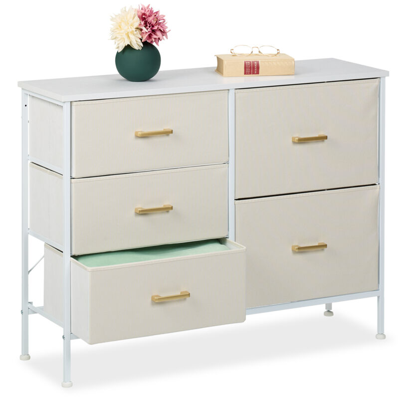 foto del prodotto cassettiera camera da letto, com con 5 cassetti in tessuto, hlp 76x100x31 cm, struttura in ferro, bianco oro relaxdays
