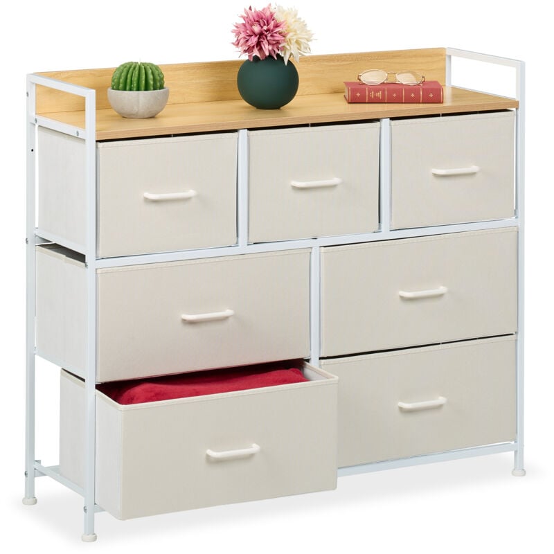foto del prodotto cassettiera camera da letto, com con 7 cassetti in tessuto, hlp 85x100x30,5 cm, settimino, beige bianco relaxdays