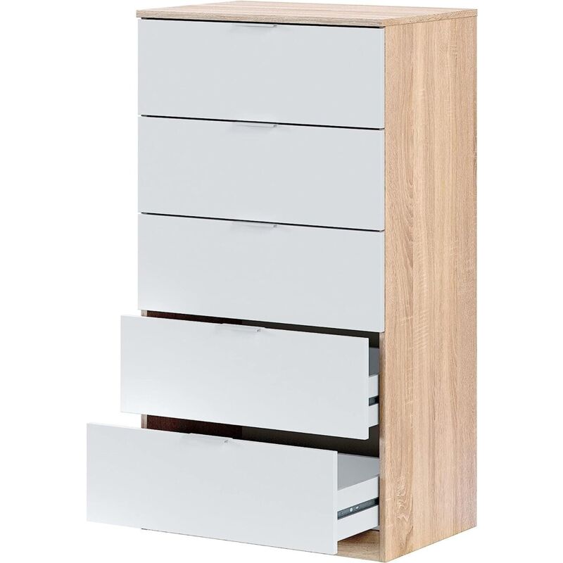 foto del prodotto cassettiera camera da letto con 5 cassetti in legno com moderno bianco e rovere