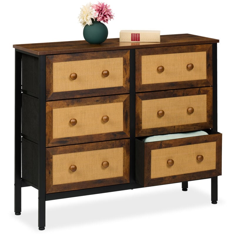 foto del prodotto cassettiera camera da letto e ingresso, com con 6 cassetti in look rattan, hlp 83x100x32 cm, marrone nero relaxdays