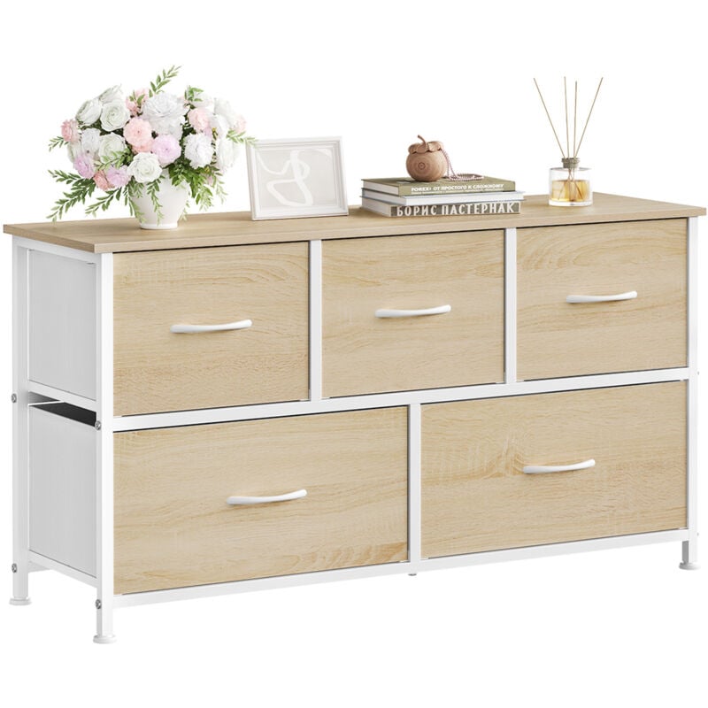 foto del prodotto cassettiera camera da letto settimino 5 cassetti a 2 livelli, in tessuto, rovere chiaro bianco - woltu