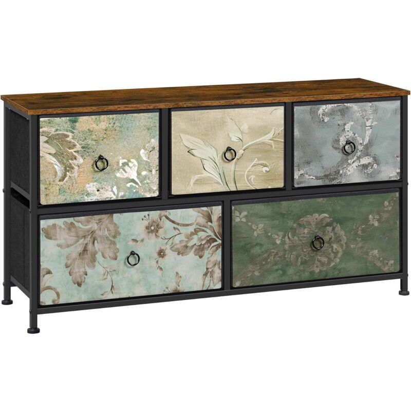 foto del prodotto cassettiera camera da letto settimino 5 cassetti a 2 livelli,marrone rustico e nero con motivo fiore retrò - woltu