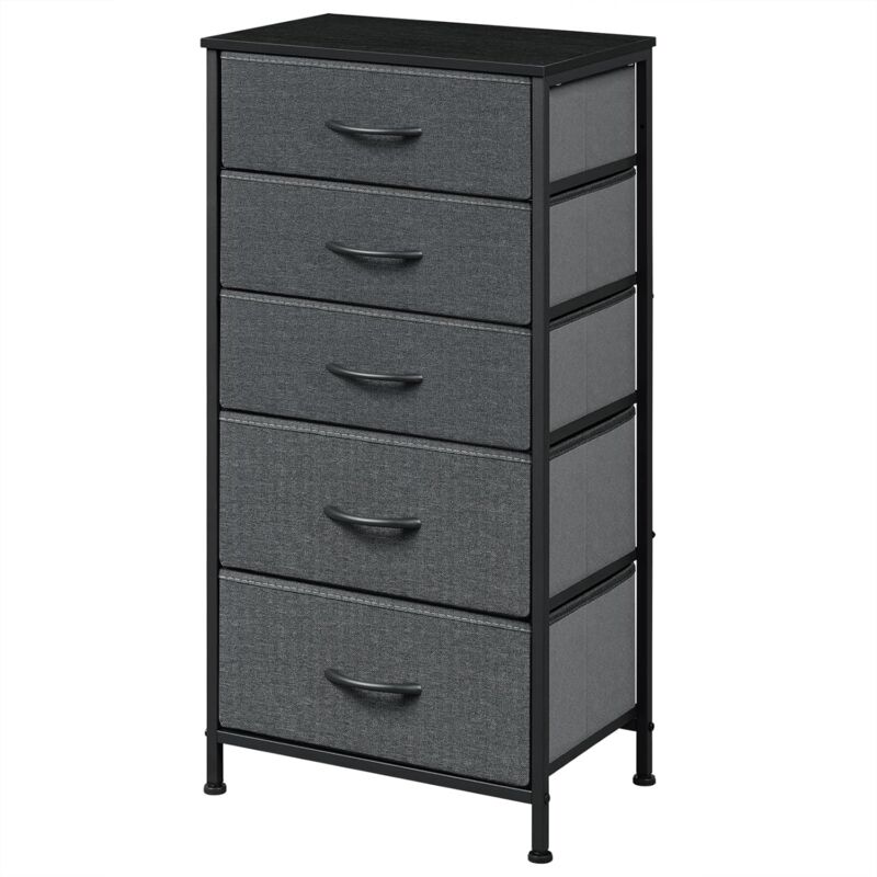foto del prodotto cassettiera camera da letto settimino 5 cassetti. struttura in metallo e mdf,effetto legno nero grigio scuro woltu