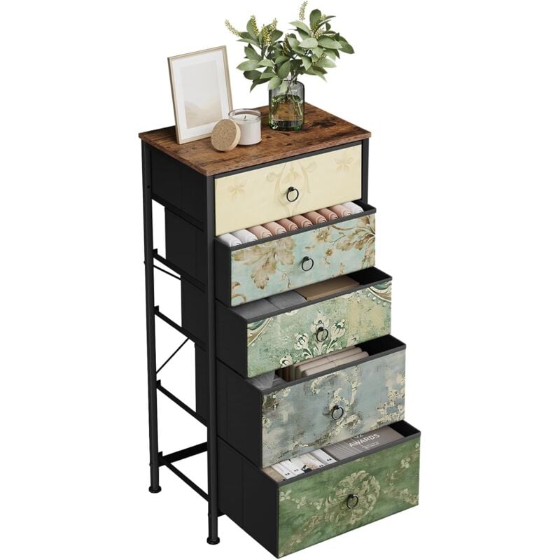 foto del prodotto cassettiera camera da letto settimino 5 cassetti. struttura in metallo e mdf,marrone rustico e nero con motivo fiore retrò - woltu