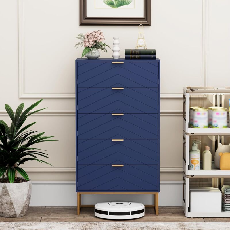foto del prodotto cassettiera camera da letto, settimino con 5 cassetti e motivo di linea, mobiletto moderno e pratico, sicuro design antiribaltamento, 60x34x110cm,