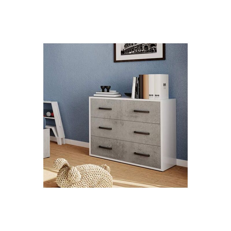 foto del prodotto cassettiera cemento cameretta con 3 cassetti in legno