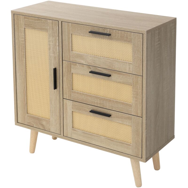 foto del prodotto cassettiera con 1 anta e 3 cassetti 74x76x30 cm aspetto rovere credenza con frontale in rattan e piedi in legno massiccio credenza buffet contenitore