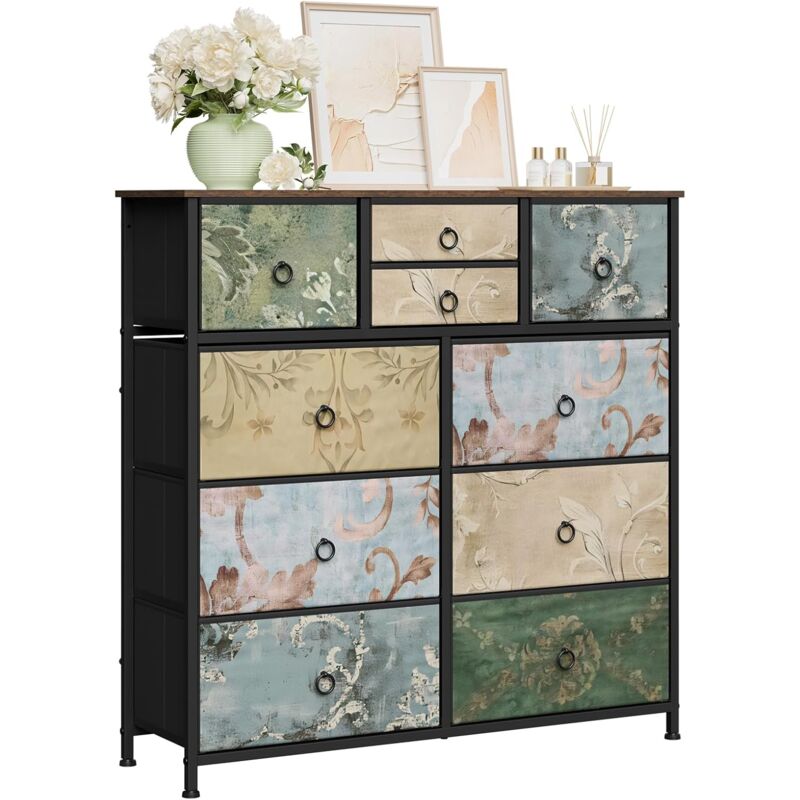foto del prodotto cassettiera con 10 cassetti, cassettiera in tessuto, struttura in metallo, legno lngegnerizzato e1,marrone rustico nero fiore retr woltu