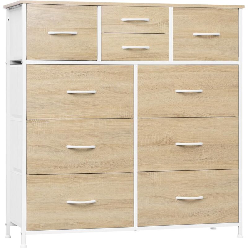 foto del prodotto cassettiera con 10 cassetti, cassettiera in tessuto, struttura in metallo, legno lngegnerizzato e1,rovere chiaro bianco woltu