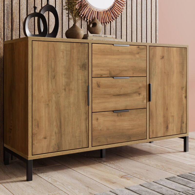 foto del prodotto cassettiera con 2 ante e 3 cassetti, 120 x 40 x 76 cm in rovere scuro, ripiano regolabile, credenza alta per camere da letto e tutti i soggiorni