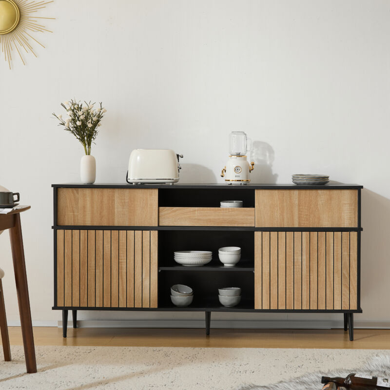 foto del prodotto cassettiera con 4 ante scorrevoli e 1 cassetto, rovere abbinato al nero, dimensioni 160 l x 40 p x 80 h