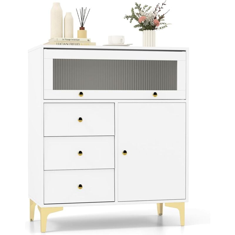 foto del prodotto cassettiera credenza camera da letto a 3 cassetti, mobile con ante e scomparto con vetrina ribaltabile, com per ingeresso, soggiorno e cucina, 80 x