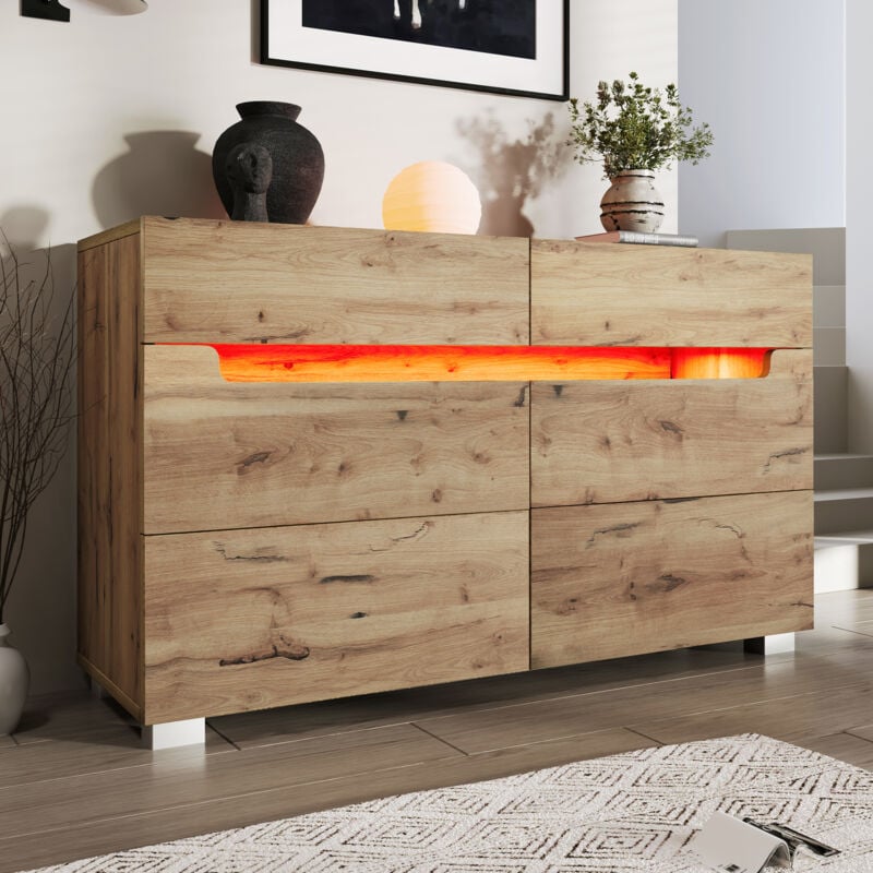 foto del prodotto cassettiera, credenza in legno con 6 cassetti, illuminazione a led controllo tramite app , mobile versatile per soggiorno e camera da letto, 71 x