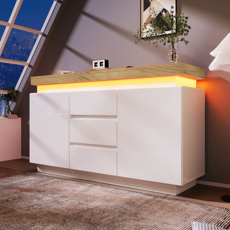 foto del prodotto cassettiera, credenza lucida con 2 ante e 3 cassetti, illuminazione a led controllo tramite app , mobile versatile per soggiorno e camera da letto,
