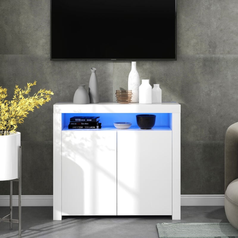 foto del prodotto cassettiera credenza mobile da cucina lucido con luce led porta tv opaco lucido 108x92x40cm bianco yoleo