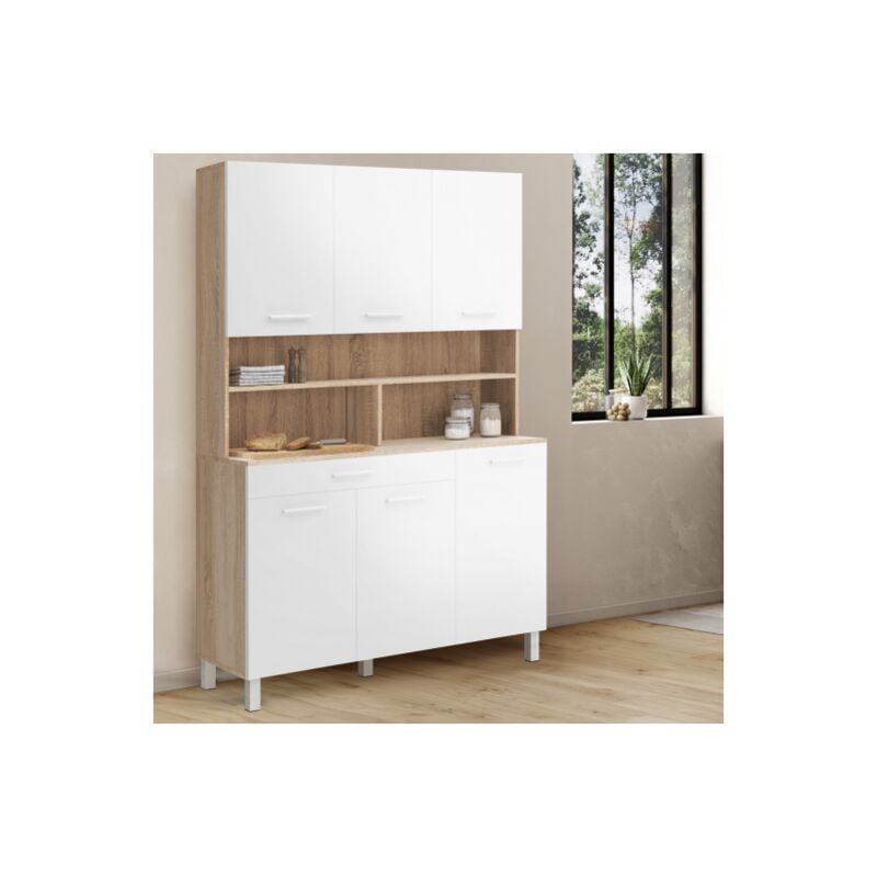 foto del prodotto cassettiera da cucina cina 120 cm con 6 ante cassetto, finitura faggio e bianco