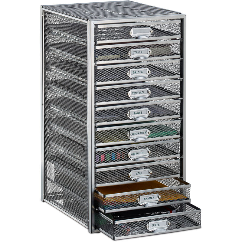 foto del prodotto cassettiera da scrivania, 10 cassetti, formato din a4, porta documenti, box per lettere e corrispondenza, argento relaxdays