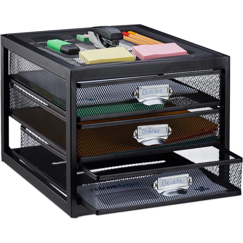 foto del prodotto cassettiera da scrivania, 3 cassetti, formato din a4, porta documenti, box per lettere e corrispondenza, nero relaxdays