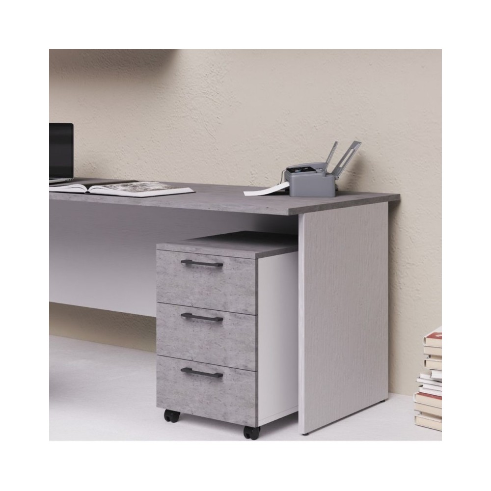 foto del prodotto cassettiera da ufficio 3 cassetti cemento e bianco frassinato ibisco con ruote e serratura 40x55x58h