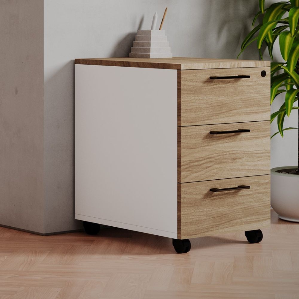 foto del prodotto cassettiera da ufficio 3 cassetti noce naturale e bianco frassinato ibisco con ruote e serratura 40x55x58h