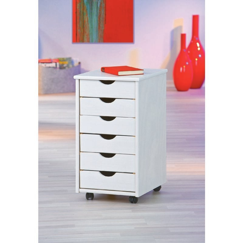 foto del prodotto cassettiera da ufficio a sei cassetti su ruote, colore bianco, cm 36 x 65 x 40, con imballo rinforzato dmora