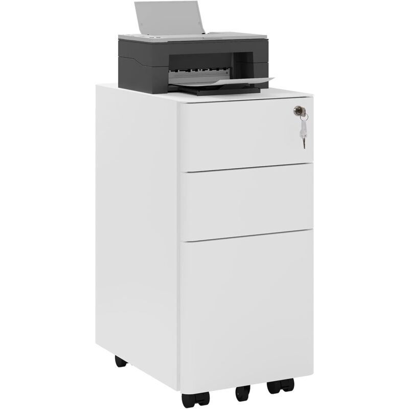 foto del prodotto cassettiera da ufficio studio scrivania, mobiletto con ruote per documenti e cancelleria, con 3 cassetti e serratura, bianco woltu